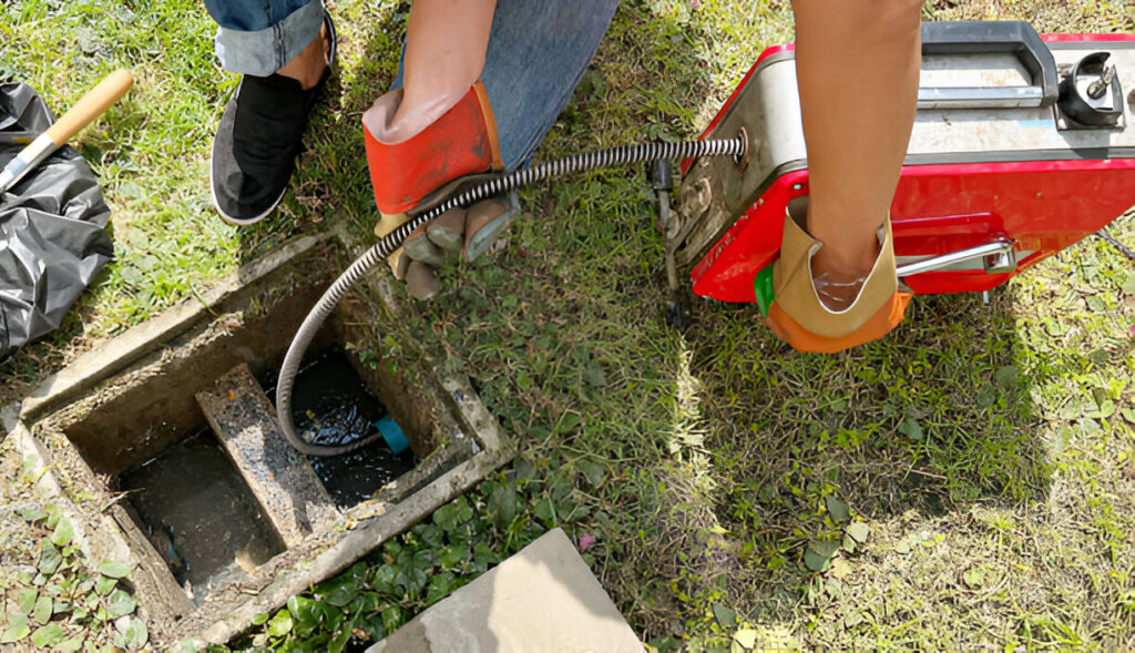 Bathroom pipe cleanout showing professional plumber at work