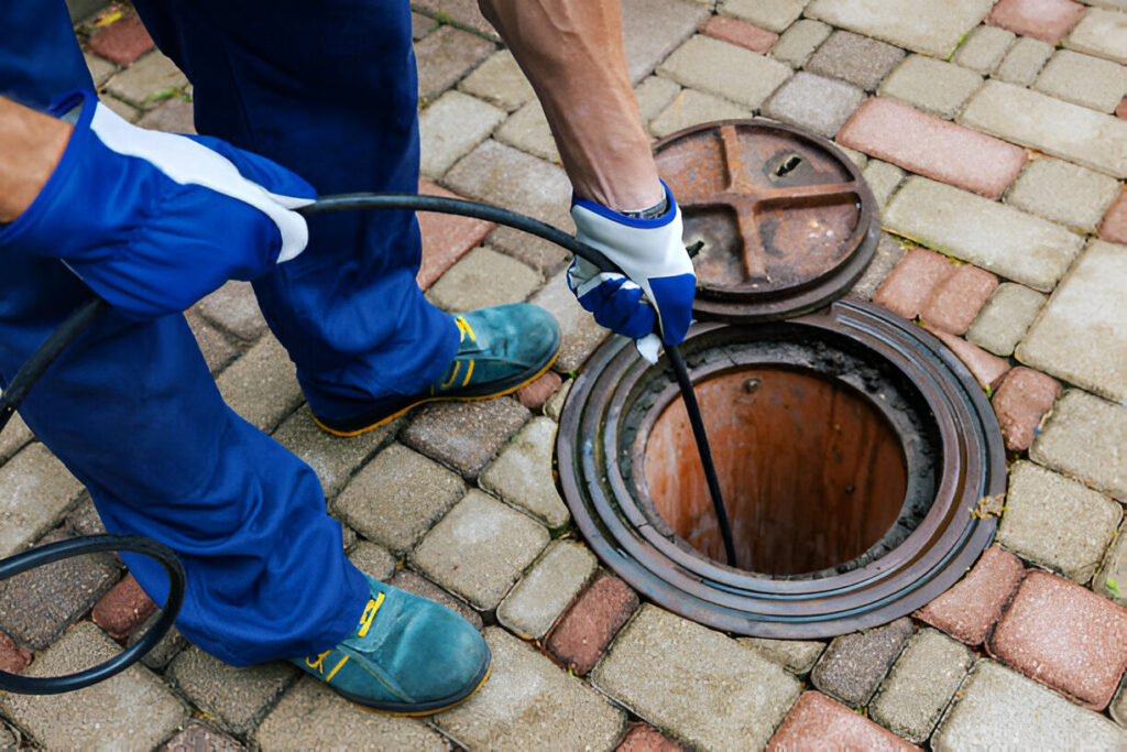 Bathroom pipe cleanout process with plumber tools and equipment